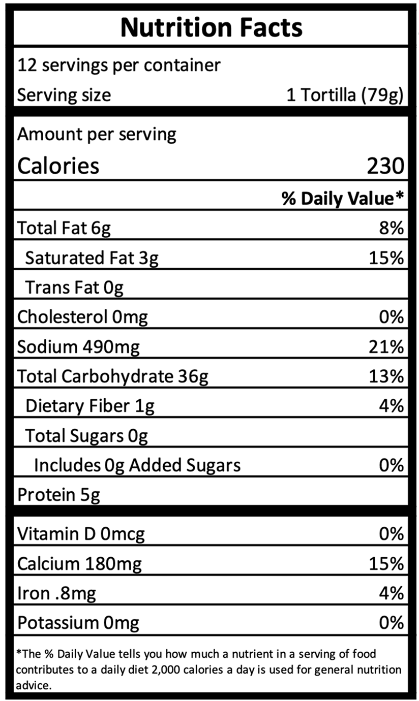 10-Inch Burrito Tortillas - Nutrition Facts