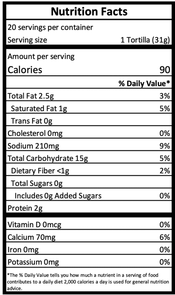 Tortillas de Harina - Información Nutricional