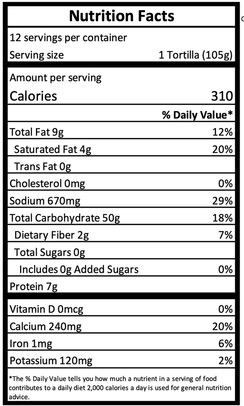12-Inch Burrito Tortillas - Nutrition Facts