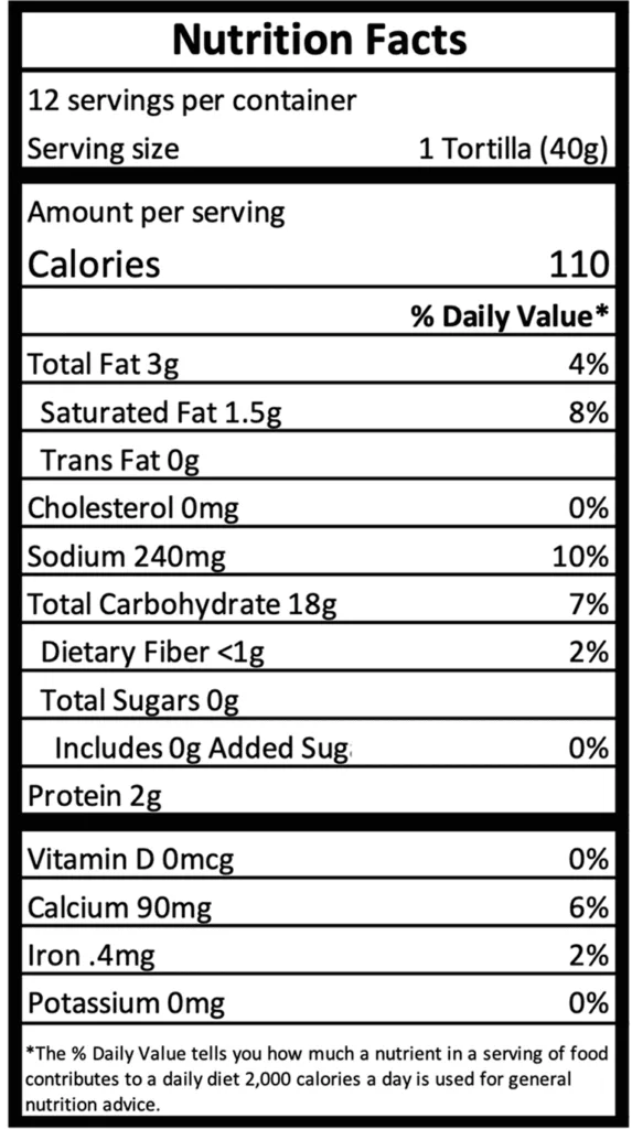 Tortillas de Harina para Fajitas - Información Nutricional