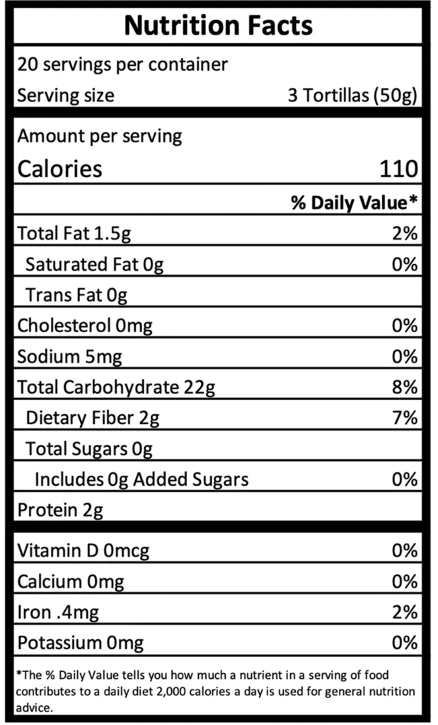 Información Nutricional - Tortillas de Maíz Blanco para Tacos de 4.5 Pulgadas