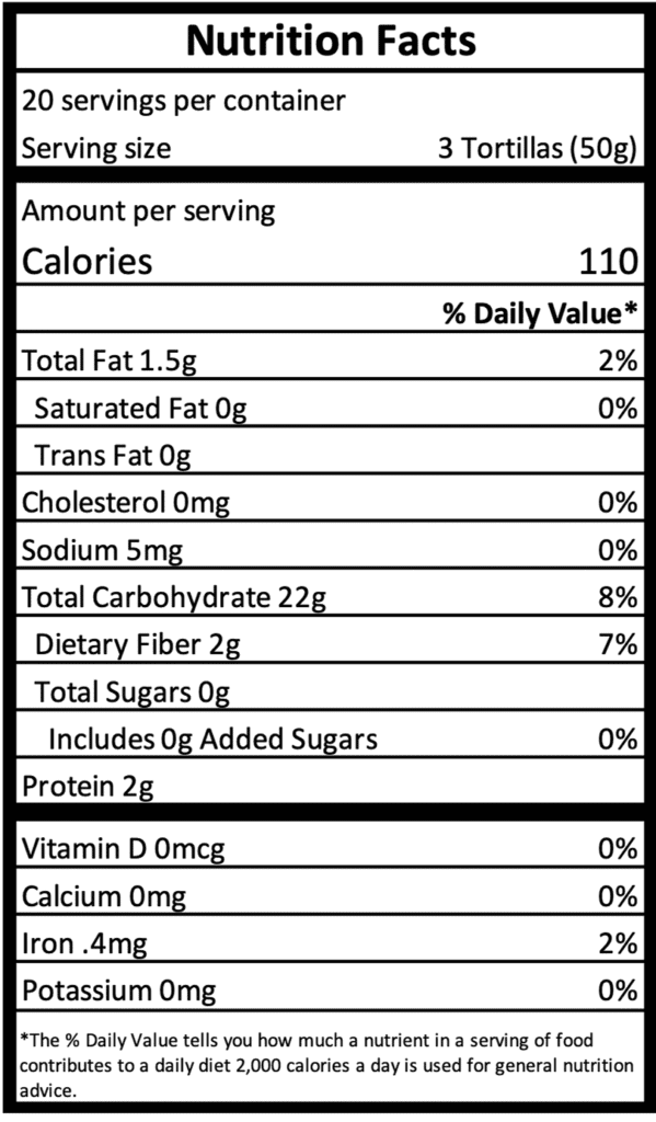 Mini Tortillas de Maíz Amarillo para Tacos (4.5") - Información Nutricional