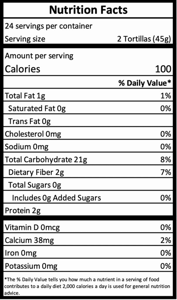 White Corn Taco Tortillas - Nutrition Facts