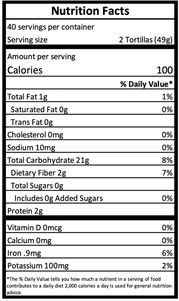 Yellow Corn Table Tortillas - Nutrition Facts