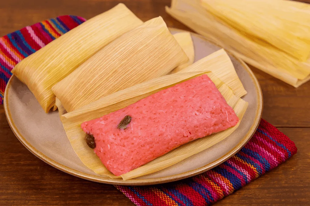 Sweet pink tamales made with La Campera Tortilla Factory Yellow Corn Masa, served on a plate with corn husks.