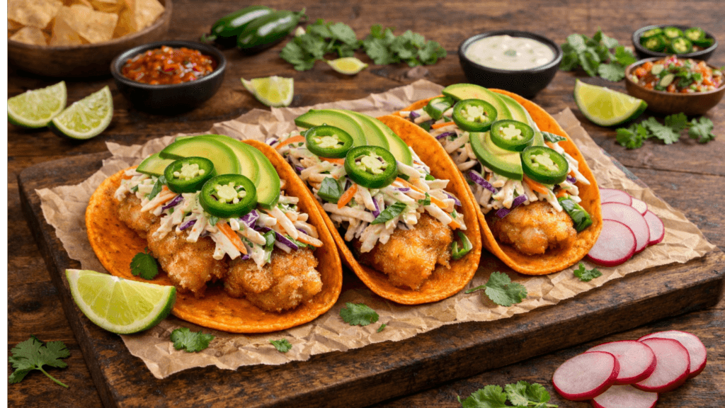 Crispy fish tacos made with La Campera Tortilla Factory Orange Enchilada Corn Tortillas