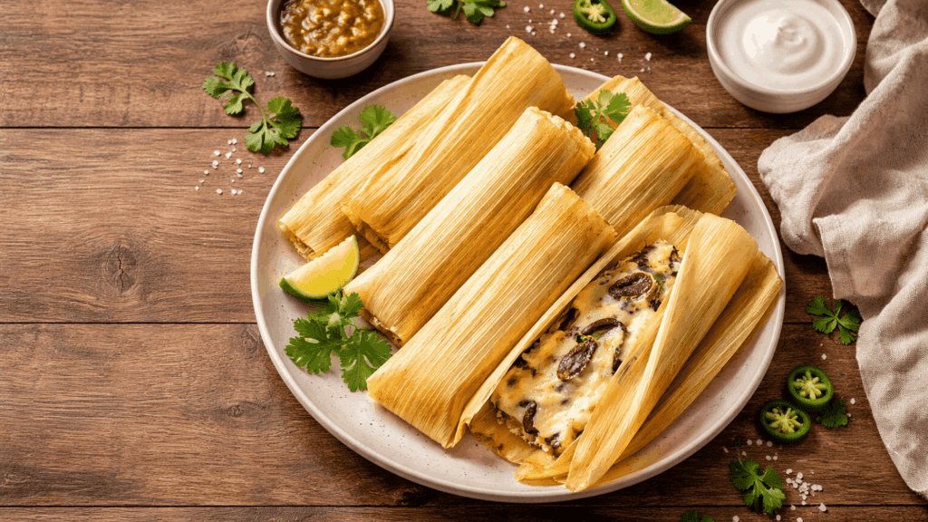 Cheese tamales on a plate with melted cheese and roasted poblano peppers, partially unwrapped on a wooden table