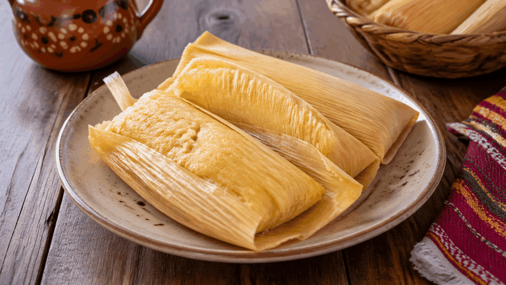 Plate of homemade corn tamales made with yellow corn masa and wrapped in corn husks