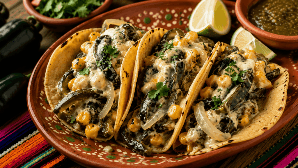 Creamy poblano rajas street tacos served on La Campera 4-inch yellow corn tortillas with roasted poblano peppers, corn, melted cheese, and onions on a rustic plate.