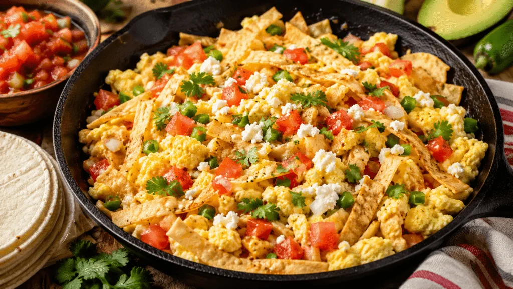 Traditional migas made with crispy white corn tortillas, scrambled eggs, tomatoes, onions, and jalapeños in a skillet.