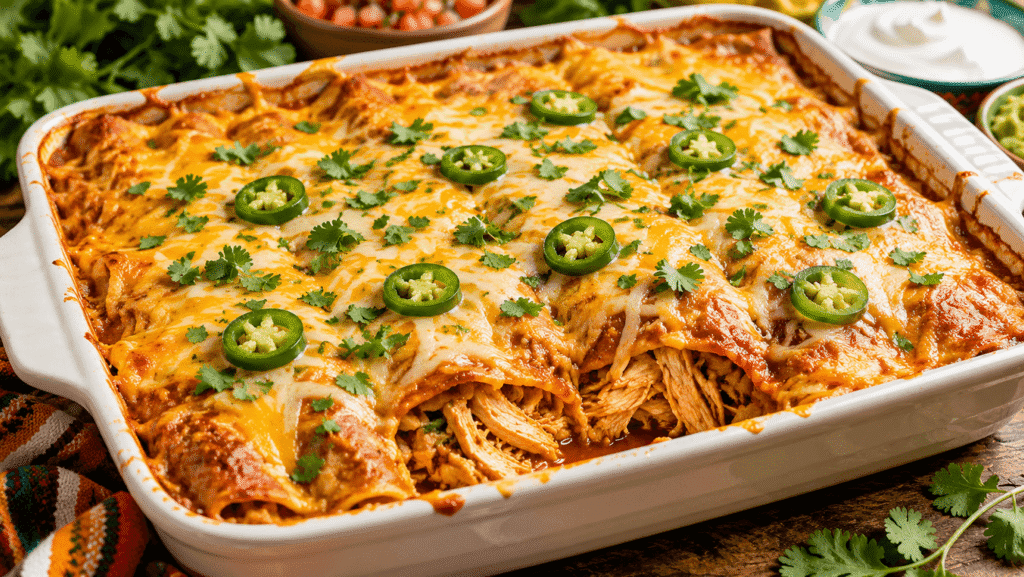 Cazuela de enchiladas de pollo preparada con Tortillas de Maíz para Enchiladas La Campera, cubierta con queso derretido, cilantro y rodajas de jalapeño.