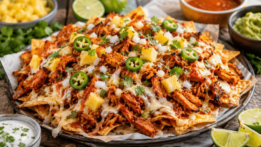 Loaded Nachos al Pastor made with La Campera Totopos, al pastor pork, melted Oaxaca cheese, pineapple, cilantro, diced onion, jalapeños, and Mexican crema.
