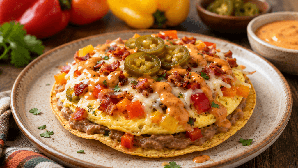 Tostadas de desayuno con frijoles refritos, huevo, pimientos, tocino, queso mozzarella, jalapeños y salsa de chipotle.